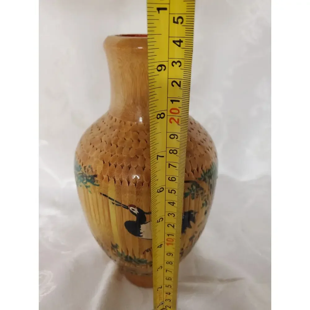 Vintage Chinese Porcelain Crane Vase Covered Intricately Woven Bamboo Rattan
